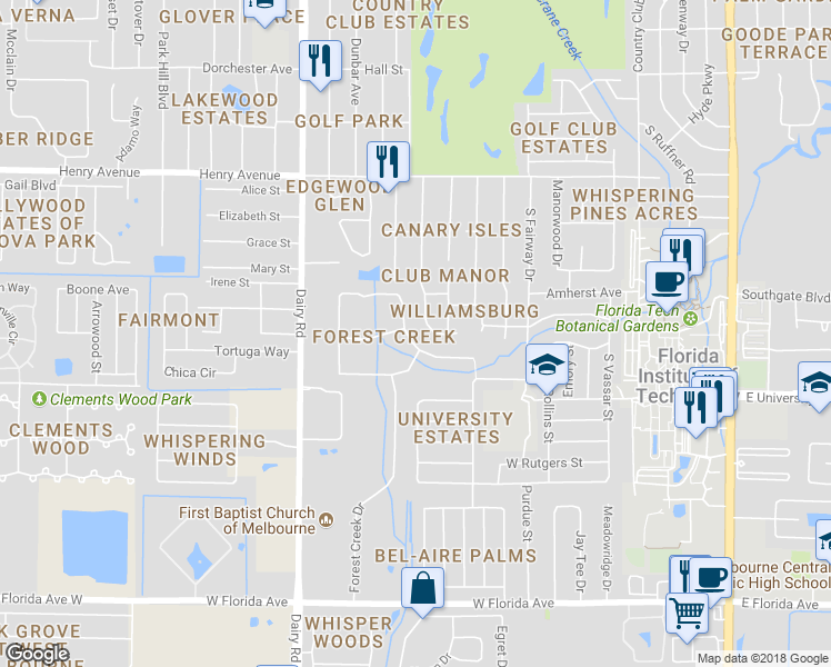 map of restaurants, bars, coffee shops, grocery stores, and more near 810 Spring Oak Drive in Melbourne