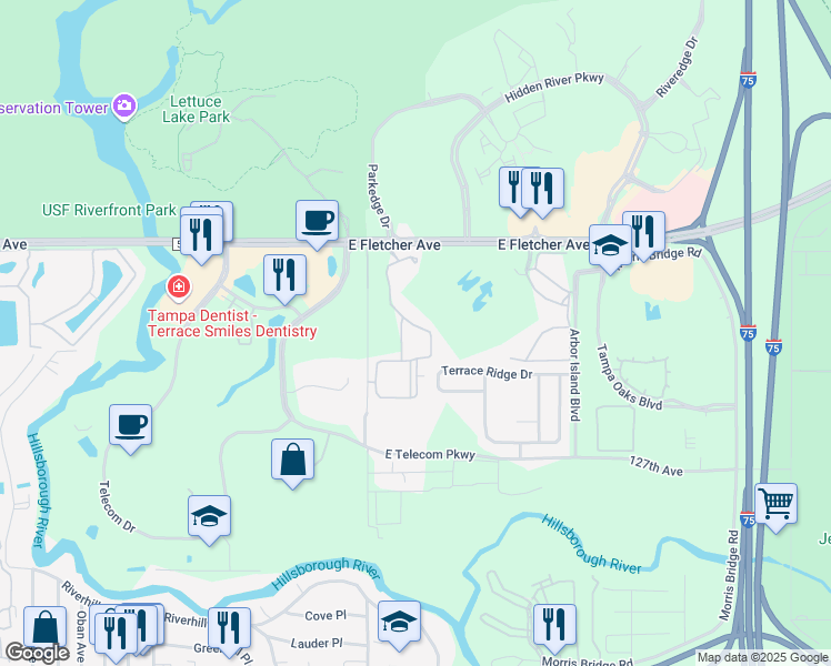 map of restaurants, bars, coffee shops, grocery stores, and more near 13205 Sanctuary Cove Drive in Temple Terrace