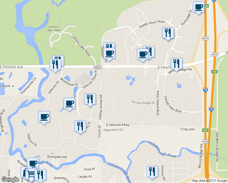 map of restaurants, bars, coffee shops, grocery stores, and more near 13205 Sanctuary Cove Drive in Temple Terrace