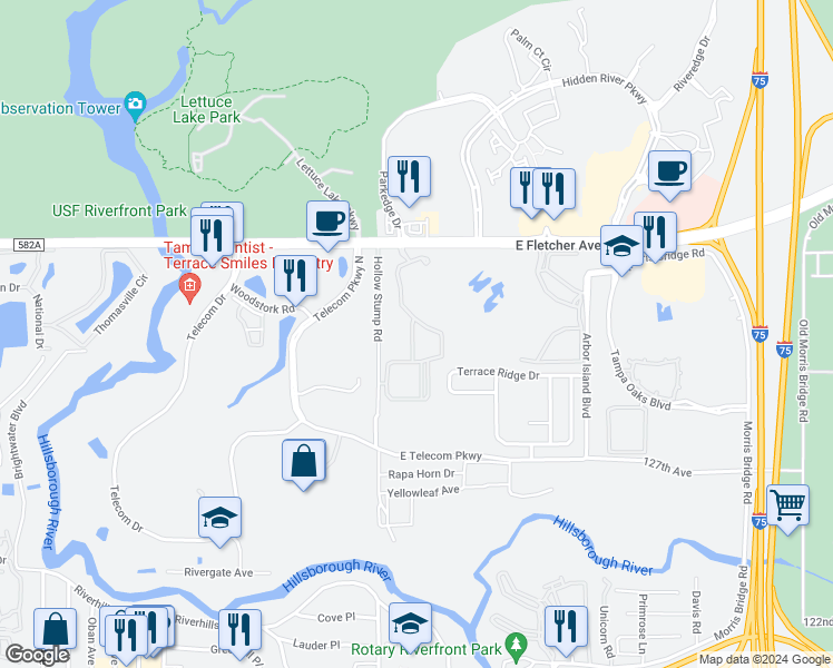 map of restaurants, bars, coffee shops, grocery stores, and more near 13225 Sanctuary Cove Drive in Temple Terrace