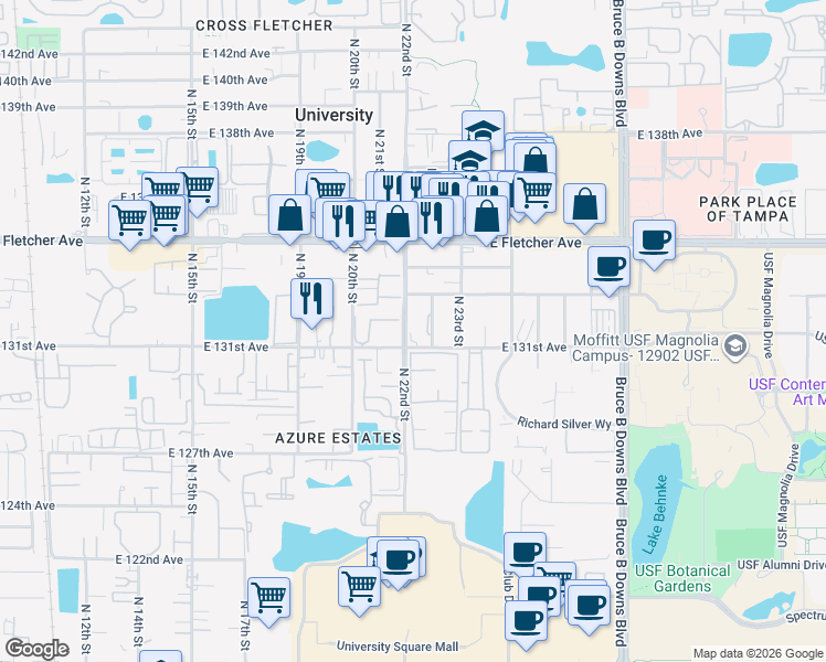map of restaurants, bars, coffee shops, grocery stores, and more near 13108 Leisurewood Place in Tampa