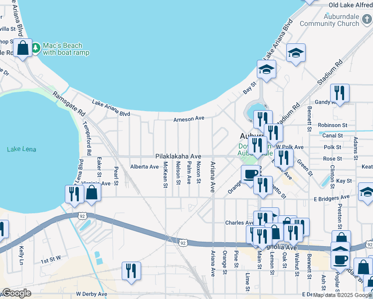 map of restaurants, bars, coffee shops, grocery stores, and more near 128 Palm Avenue in Auburndale