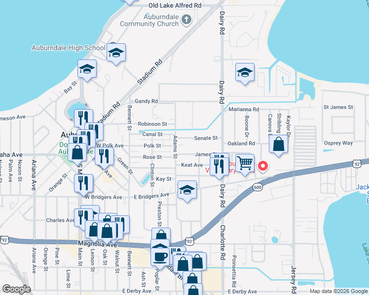 map of restaurants, bars, coffee shops, grocery stores, and more near 307 Congress Avenue in Auburndale