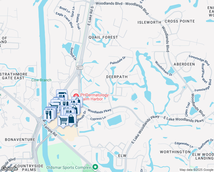 map of restaurants, bars, coffee shops, grocery stores, and more near 390 Holly Hill Road in Oldsmar