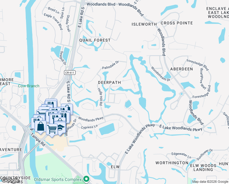 map of restaurants, bars, coffee shops, grocery stores, and more near 190 Water Oak Way in Oldsmar
