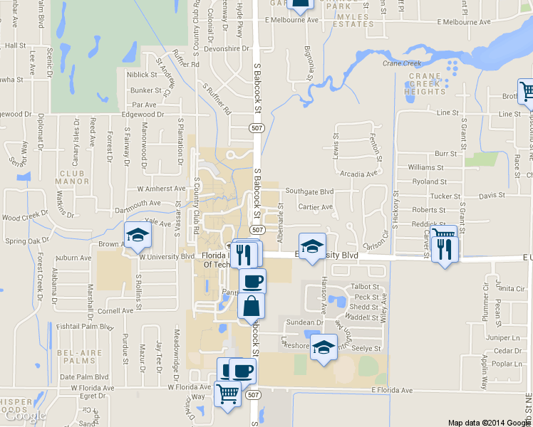 map of restaurants, bars, coffee shops, grocery stores, and more near 48 E Ashley Ct in Melbourne