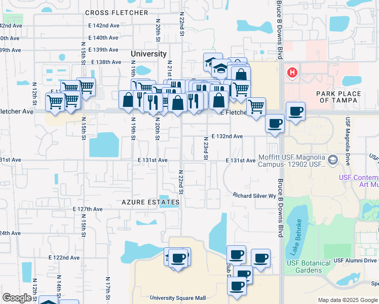 map of restaurants, bars, coffee shops, grocery stores, and more near 13108 Leisurewood Place in Tampa