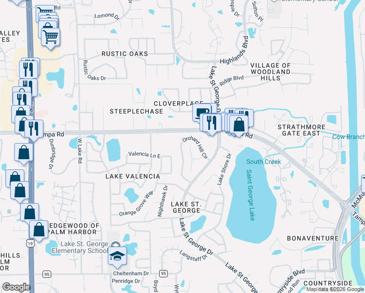 map of restaurants, bars, coffee shops, grocery stores, and more near 3963 Orchard Hill Circle in Palm Harbor