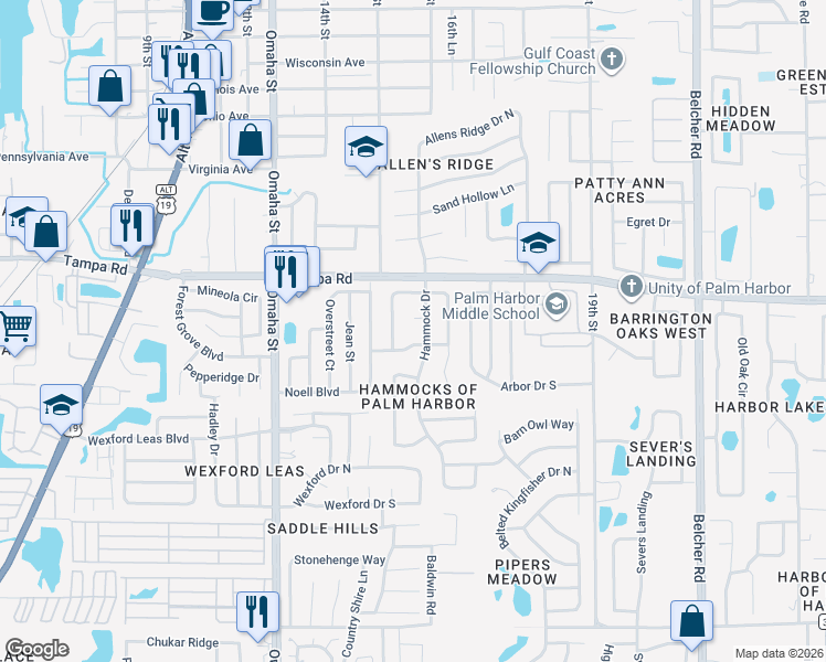 map of restaurants, bars, coffee shops, grocery stores, and more near in Palm Harbor