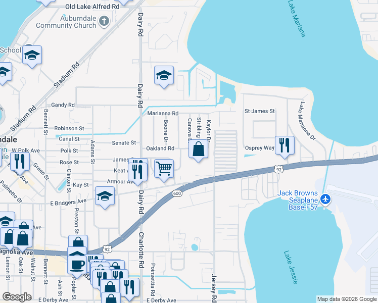 map of restaurants, bars, coffee shops, grocery stores, and more near 601 Oakland Road in Auburndale