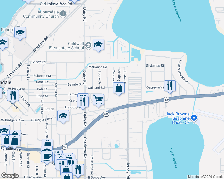 map of restaurants, bars, coffee shops, grocery stores, and more near 601 Oakland Road in Auburndale