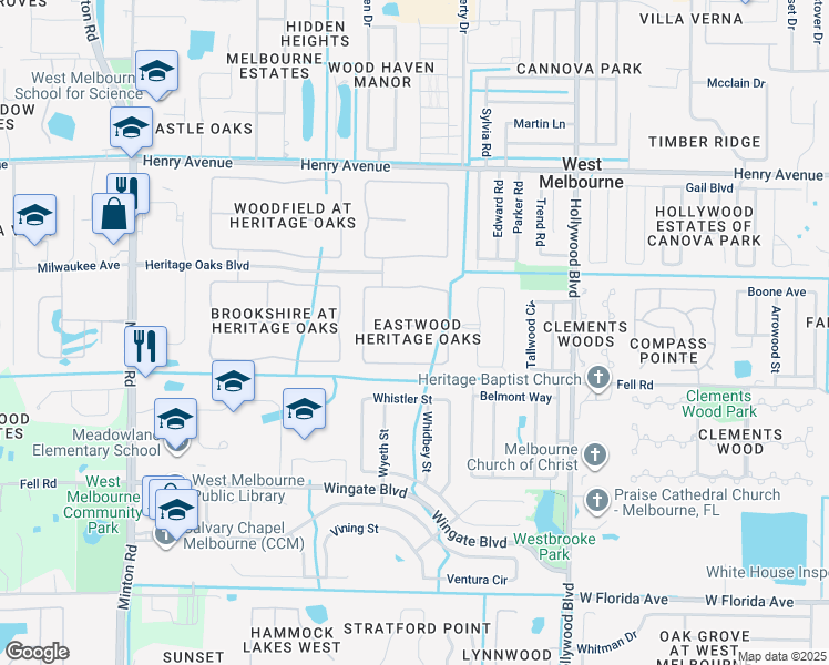 map of restaurants, bars, coffee shops, grocery stores, and more near 2251 Lune Court in West Melbourne