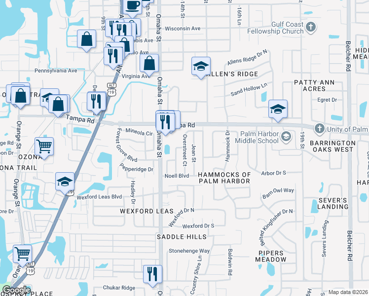 map of restaurants, bars, coffee shops, grocery stores, and more near 200 Myrtle Court in Palm Harbor