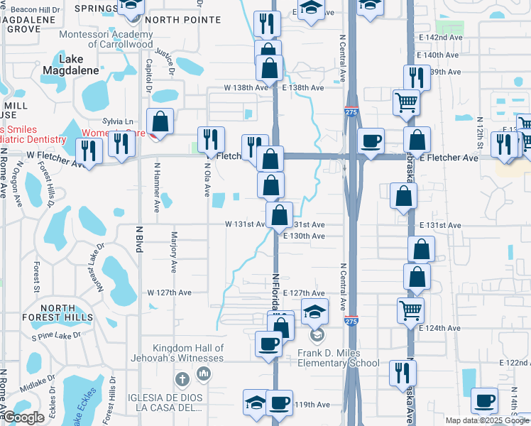 map of restaurants, bars, coffee shops, grocery stores, and more near 13106 North Florida Avenue in Tampa