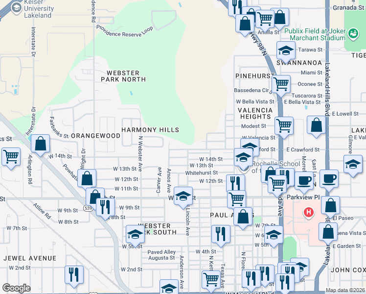 map of restaurants, bars, coffee shops, grocery stores, and more near 809 West Crawford Street in Lakeland