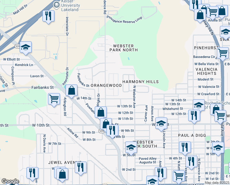 map of restaurants, bars, coffee shops, grocery stores, and more near 1626 Blossom Circle East in Lakeland