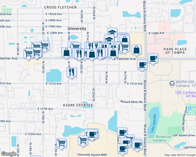 map of restaurants, bars, coffee shops, grocery stores, and more near 13108 Leisurewood Place in Tampa