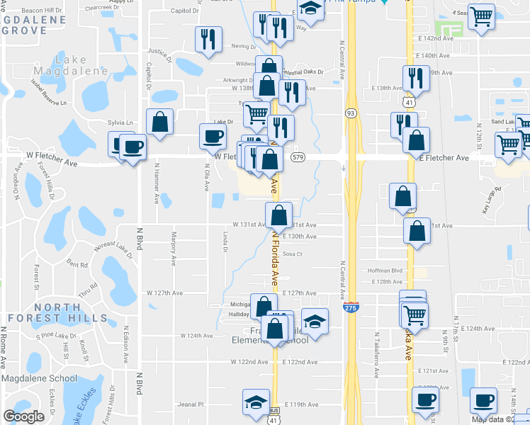map of restaurants, bars, coffee shops, grocery stores, and more near 13112 North Florida Avenue in Tampa