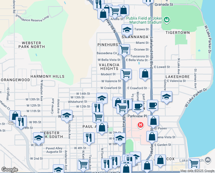 map of restaurants, bars, coffee shops, grocery stores, and more near 307 West Crawford Street in Lakeland