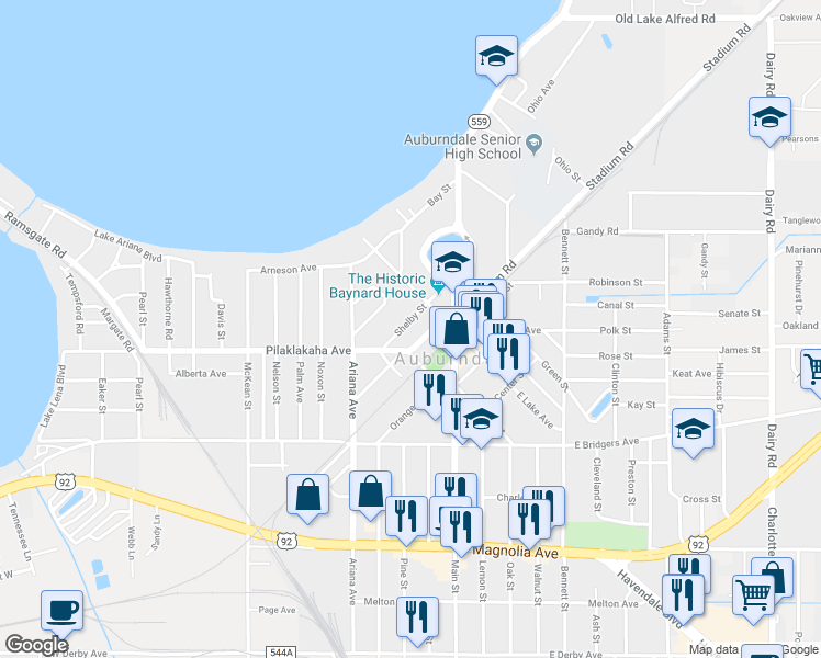 map of restaurants, bars, coffee shops, grocery stores, and more near 116 Shelby Street in Auburndale