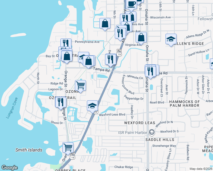 map of restaurants, bars, coffee shops, grocery stores, and more near  in Palm Harbor