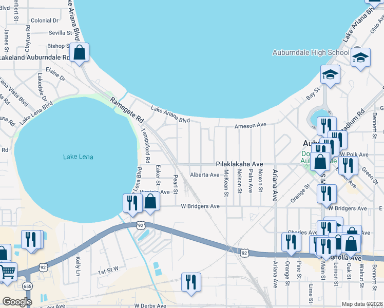 map of restaurants, bars, coffee shops, grocery stores, and more near 133 Hawthorne Road in Auburndale