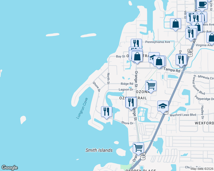 map of restaurants, bars, coffee shops, grocery stores, and more near 245 Ridge Road in Palm Harbor