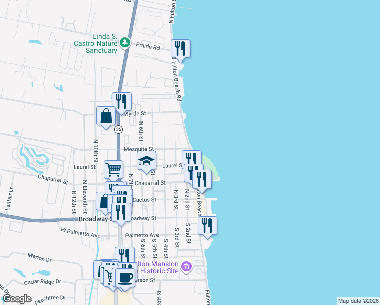 map of restaurants, bars, coffee shops, grocery stores, and more near 412 North Fulton Beach Road in Fulton