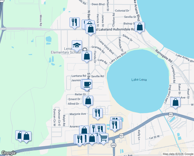 map of restaurants, bars, coffee shops, grocery stores, and more near 116 Seville Rd in Auburndale