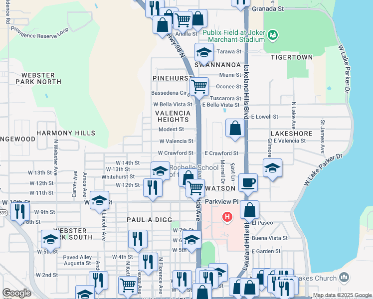 map of restaurants, bars, coffee shops, grocery stores, and more near 205 West Crawford Street in Lakeland