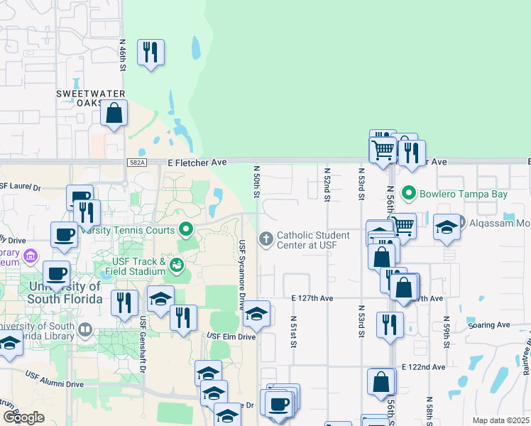 map of restaurants, bars, coffee shops, grocery stores, and more near 5113 Excellence Boulevard in Tampa