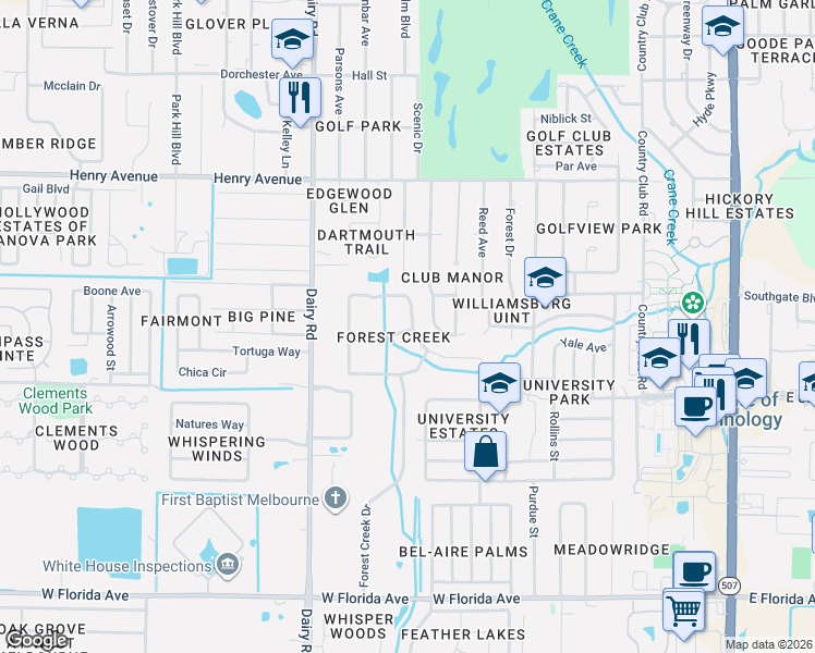 map of restaurants, bars, coffee shops, grocery stores, and more near 830 Spring Oak Drive in Melbourne