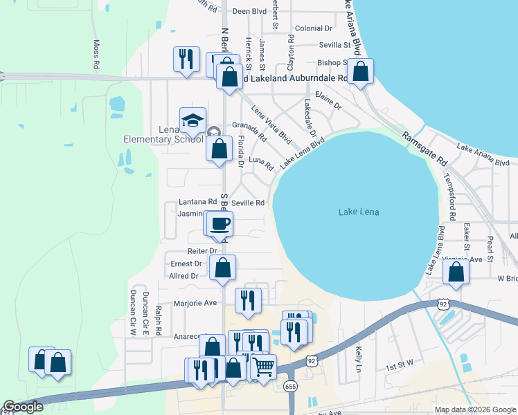map of restaurants, bars, coffee shops, grocery stores, and more near 116 Seville Road in Auburndale