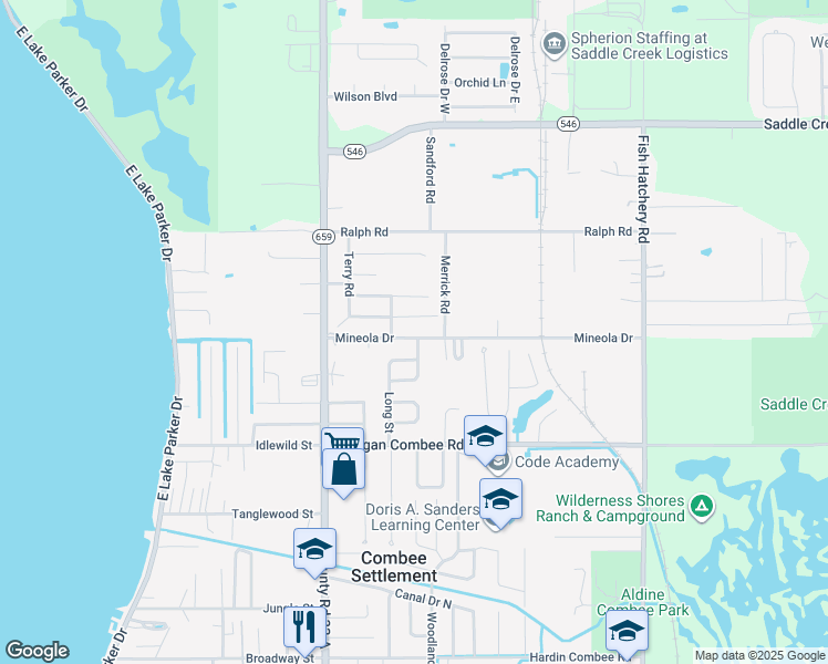 map of restaurants, bars, coffee shops, grocery stores, and more near 2716 Mineola Drive in Lakeland