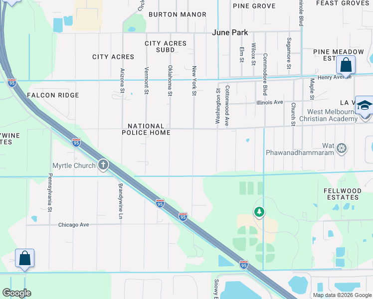 map of restaurants, bars, coffee shops, grocery stores, and more near 2590 New York Street in Melbourne