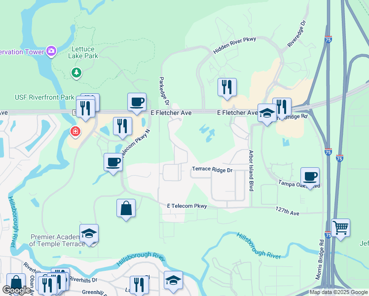 map of restaurants, bars, coffee shops, grocery stores, and more near 13205 Sanctuary Cove Drive in Temple Terrace