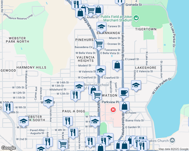 map of restaurants, bars, coffee shops, grocery stores, and more near 205 West Crawford Street in Lakeland