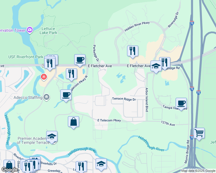 map of restaurants, bars, coffee shops, grocery stores, and more near 13205 Sanctuary Cove Drive in Temple Terrace