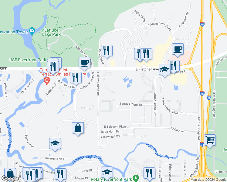 map of restaurants, bars, coffee shops, grocery stores, and more near 13205 Sanctuary Cove Drive in Temple Terrace