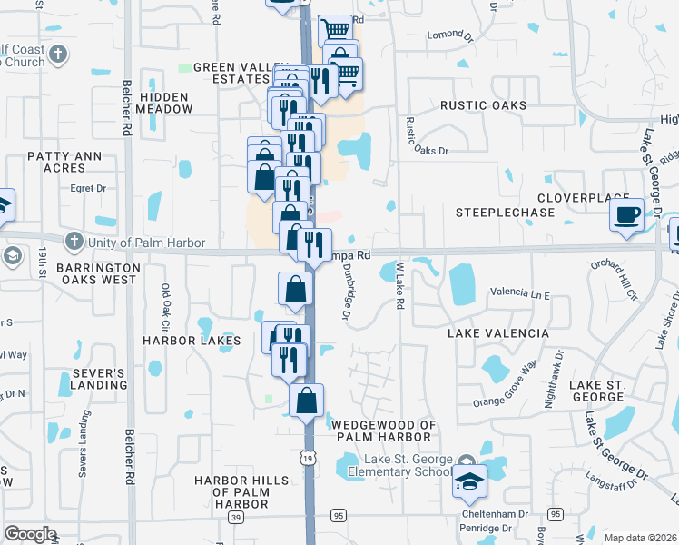 map of restaurants, bars, coffee shops, grocery stores, and more near 104 Dunbridge Drive in Palm Harbor