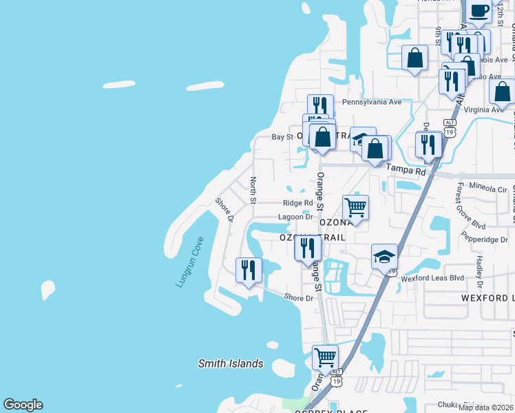 map of restaurants, bars, coffee shops, grocery stores, and more near 245 Ridge Road in Palm Harbor