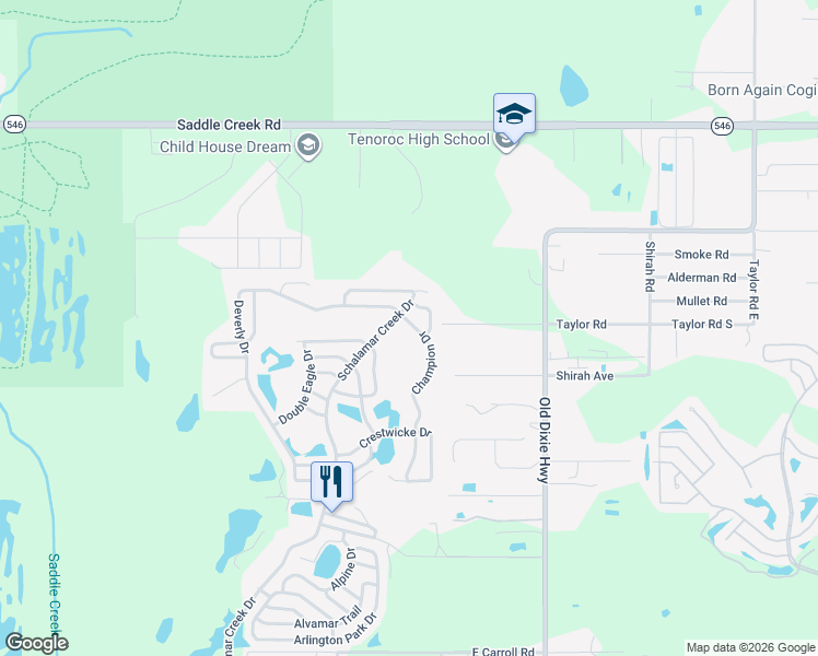 map of restaurants, bars, coffee shops, grocery stores, and more near 1492 Champion Drive in Lakeland