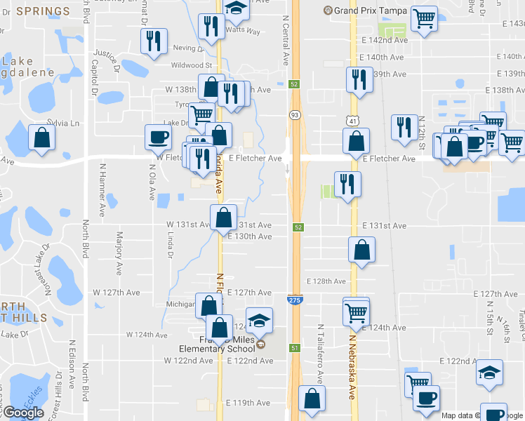 map of restaurants, bars, coffee shops, grocery stores, and more near 308 East 132nd Avenue in Tampa