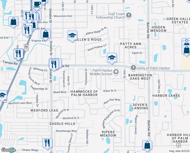 map of restaurants, bars, coffee shops, grocery stores, and more near 209 Arbor Dr W in Palm Harbor