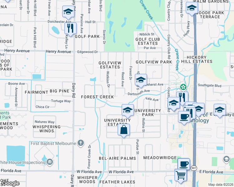 map of restaurants, bars, coffee shops, grocery stores, and more near 2815 Golfview Drive in Melbourne