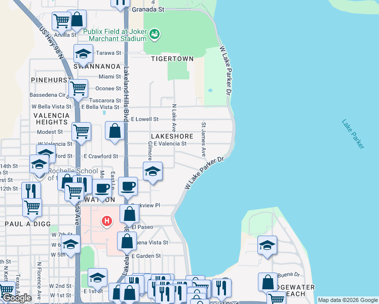 map of restaurants, bars, coffee shops, grocery stores, and more near 832 Lafayette Lane in Lakeland