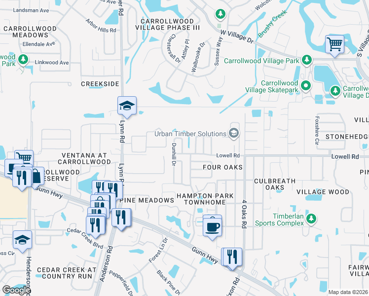 map of restaurants, bars, coffee shops, grocery stores, and more near 12842 Dunhill Drive in Tampa