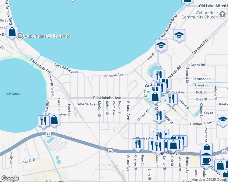 map of restaurants, bars, coffee shops, grocery stores, and more near 124 Palm Avenue in Auburndale