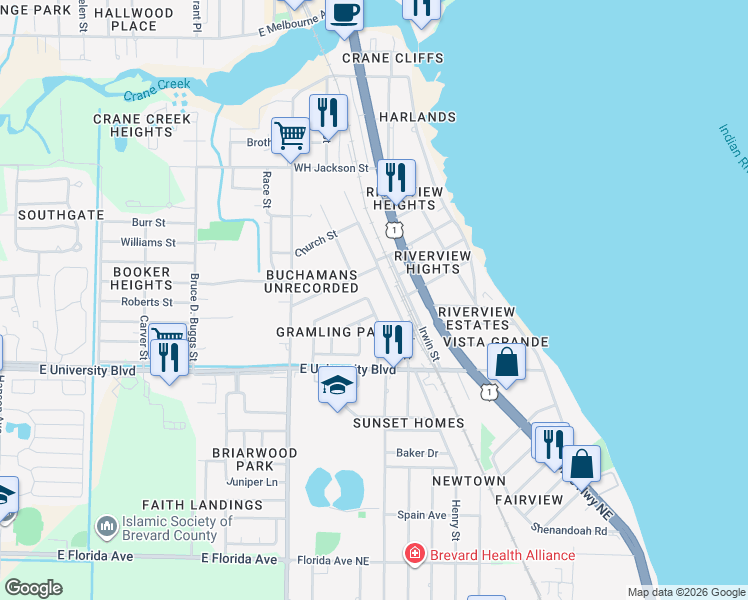 map of restaurants, bars, coffee shops, grocery stores, and more near 2847 Colbert Circle in Melbourne