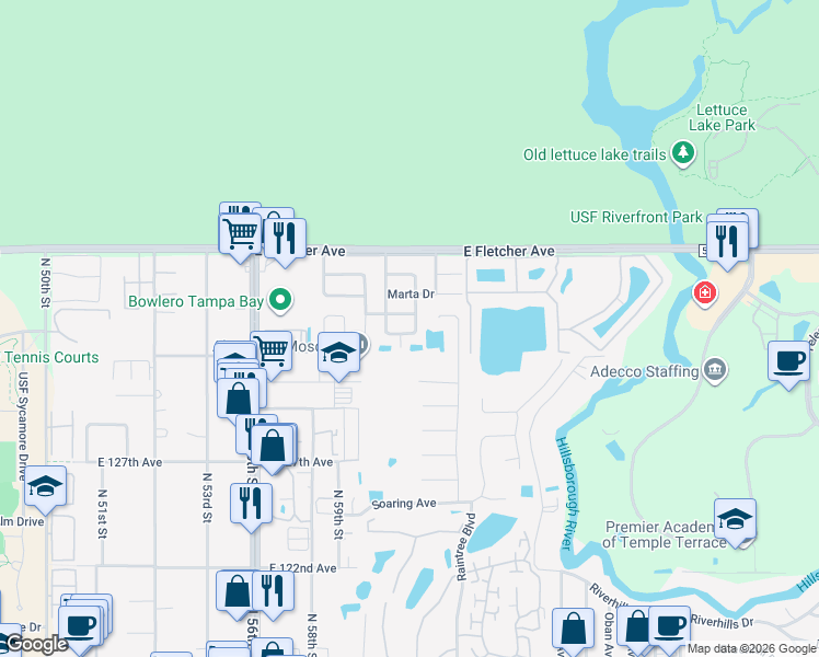 map of restaurants, bars, coffee shops, grocery stores, and more near 5916 Jenny Drive in Tampa